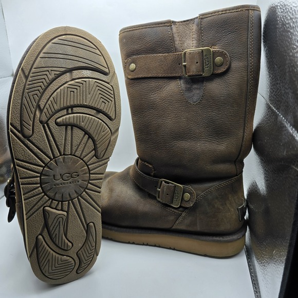 UGG Shoes - UGG Sutter Boots Women's 8 Brown Leather Shearling Lined Buckle Moto Biker Warm